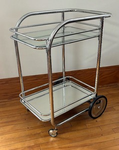 lot 27 image: Vintage Art Deco Streamline Modern Chrome and Glass Bar Cart