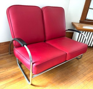lot 9 image: Vintage Art Deco Red Chrome Tubular Sofa  Loveseat