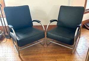 lot 2 image: Pair of Black Art Deco Chrome Tubular Arm Chairs