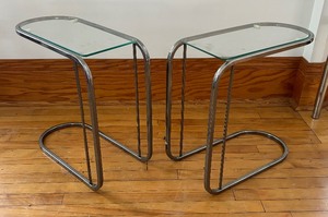 lot 75 image: Pair of Vintage Art Deco Tubular Chrome Glass Top Sofa Tables