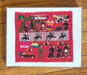 lot 81 image: Vibrant Framed Pictorial Hmong Tapestry