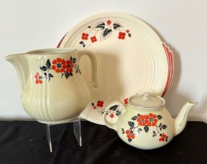 lot 40 image: Halls Superior Quality Kitchenware Red Poppy Serving Platter, Water Pitcher and Teapot