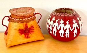 lot 160 image: Olivia Hoff Hand Painted Gourd and Hand Crafted Birch Basket