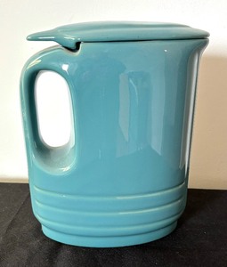 lot 124 image: Hall China Pottery Teal Turquoise Lidded Water Pitcher Art Deco MCM