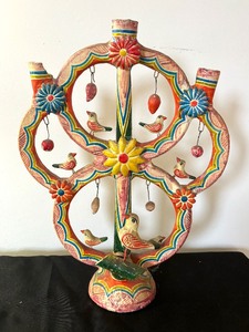 lot 49 image: Vintage Ornate Clay Candle Holder From Mexico