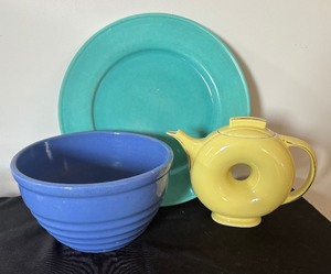 lot 210 image: Vintage Turquoise Platter, Vintage Hall Donut Teapot and Blue Pottery Bowl