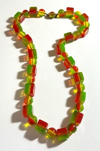 lot 18 image: RARE Green, Yellow & Red Lucite or Celluloid Square & Round Bead Necklace  Vintage Celluloid Lime Watermelon Beaded Necklace