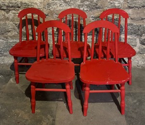 lot 291 image: Five Charming Red Childrens Wood Chairs