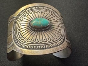 lot 22 image: Vintage Sterling Silver Navajo Cuff Bracelet by RJ