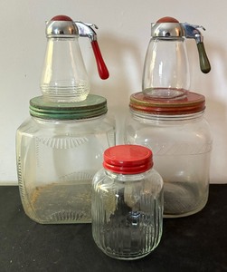 lot 378 image: Vintage Kitchen Glass Jars and Syrup Pitchers