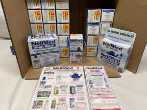 Large Lot of&nbspNEW NeilMed M100123 Sinus Rinse by Dr. Mehta All Natural Sinus Relief Soothing Saline Solution - 8 oz. Squeeze Bottles and Premixed Packet Plus Coupons Packs - Expiration 1028