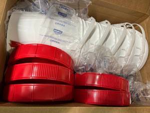 MSRP $90  5 NEW Uline Screw Top Lid Plastic Pail Buckets&nbspQuickly open and reseal for easy access, Vacuum tight&nbsp(Use with granulars, fine powders) Lid includes neoprene gasket for moisture-resistant storage &amp FDA compliant.