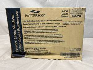 1 Case (10 Boxes of 100 gloves) NEW Patterson Latex Powder-Free Textured Exam (1000) Gloves -Large -unique manufacturing process infuses synthetic polymers into the latex, creating multi-layer glove -has elasticity of latex &amp strength of copolymers.