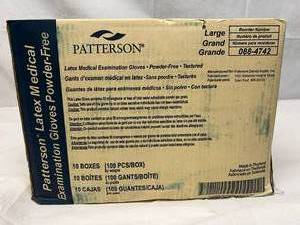 1 Case (10 Boxes of 100 gloves) NEW Patterson Latex Powder-Free Textured Exam (1000) Gloves -Large -unique manufacturing process infuses synthetic polymers into the latex, creating multi-layer glove -has elasticity of latex &amp strength of copolymers.