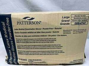 1 Case (10 Boxes of 100 gloves) NEW Patterson Latex Powder-Free Textured Exam (1000) Gloves -Large -unique manufacturing process infuses synthetic polymers into the latex, creating multi-layer glove -has elasticity of latex &amp strength of copolymers.