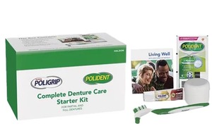 MSRP $200  2 Cases (12 kits each case) NEW Complete Denture Care Starter Kit for Partial and Full Dentures, Includes Denture Bath, Polident 3-Minute Tablets, Cushion Grip Denture Adhesive &amp Denture Brush