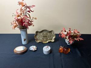 lot 26 image: Collection of Vintage Decorative Items including Amber Butterfly, Trinket Box, and Silver-Plated Tray