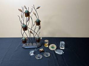 lot 34 image: Assorted Decorative Accents Including Candle Holder, Candle Wax Catchers and Crystal Figurines