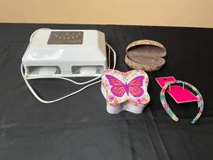 lot 45 image: Mixed Lot UV Nail Lamp, Coach Eyeglass Case, Butterfly Storage Box, and Headband