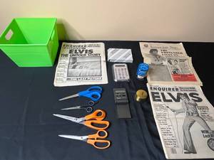 lot 46 image: Collection of Crafting and Reading Supplies including Elvis Newspapers and Scissors