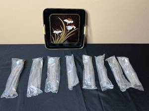 lot 29 image: Set of 8 Stainless Steel Flatware and Decorative Tray - Doric Pattern Stainless