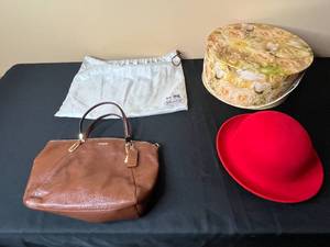 lot 95 image: Lot of Vintage Fashion Items Coach Handbag, Red Wool Hat, Floral Storage Hat Box