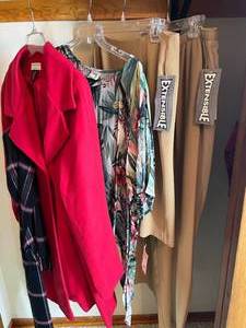 lot 332 image: Lot of Womens Clothing Covington Red Coat, Teddy Floral Top, Extensible Beige Pants & Skirt