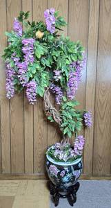 lot 212 image: Artificial Wisteria Silk Flower Arrangement with Decorative Pot on Stand