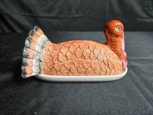 lot 248 image: Handpainted Turkey Butter Dish with Serving Tray - Autumn Harvest