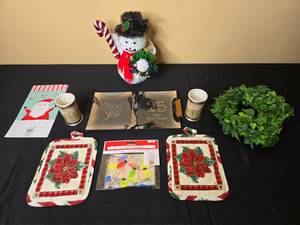 lot 52 image: Holiday Decor Collection Featuring Snowman Figure, Poinsettia Pot Holders, and More