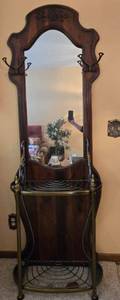 lot 53 image: Vintage Wooden Hall Tree with Mirror and Brass Tone Accents