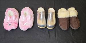 lot 54 image: Lot of 3 Pairs of Womens Slippers - Plush Bunny Slippers, Silver Clogs, and Fur-Lined Slippers