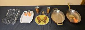lot 56 image: Lot of Vintage Kitchenware Copper Mugs, Decorative Plate, and Serving Trays