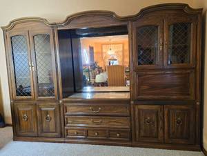 lot 63 image: Vintage Oak Entertainment Center with Marble Top and Glass Doors