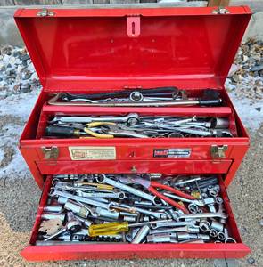 lot 8 image: Red Steel Tool Box with Assorted Hand Tools