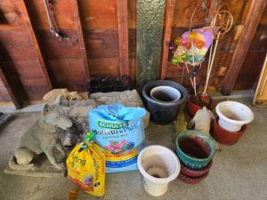 lot 193 image: Garden Decor and Planting Supplies Lot including Planters and Potting Mix