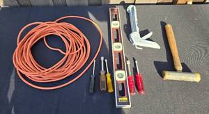 lot 322 image: Complete Set of Hand Tools Including Screwdrivers, Level, Caulk Gun, and Mallet