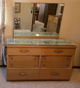 lot 357 image: Vintage MCM Wooden Dresser with Glass Top and Floral Design