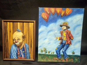 lot 262 image: Set of 2 Framed Clown Paintings - Colorful Artwork
