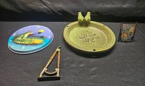 lot 247 image: Collection of Decorative Items Including Frog Clock (untested), Bird Planter, and Sun Sculpture