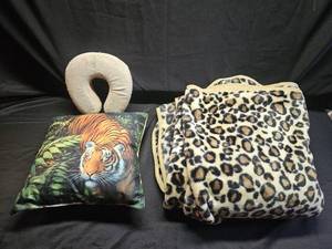 lot 295 image: Cozy Home Accessories Set Tiger Print Pillow, Neck Pillow, and Leopard Print Blanket