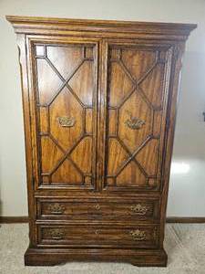 lot 74 image: Vintage Wooden Armoire with Dual Drawers and Shelving, 62 H x 40 W x 17 D