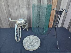 lot 12 image: Vintage Decorative Garden Cart Stand with Garden Globe, Planter Holder, Stepping Stone and more