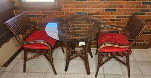lot 320 image: Bistro Style Glass Top Table with Four Rattan Chairs