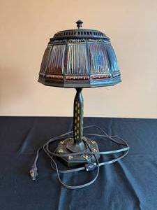 lot 104 image: Antique Style Table Lamp with Stained Glass Shade and Decorative Base