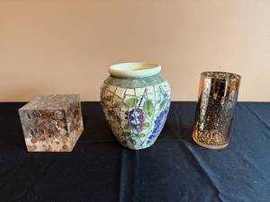 lot 106 image: Set of 3 Decorative Home Accents Mosaic Vase, Coin Display Block, and Gold-Leaf Vase