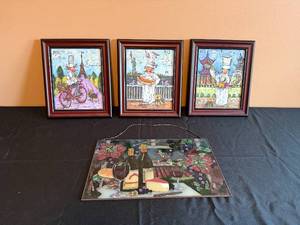 lot 110 image: Set of 4 Framed Food-Themed Art Prints with Decorative Tray