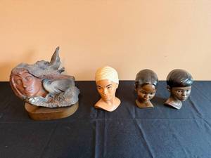 lot 111 image: Collection of 4 Vintage Decorative Busts and Sculptured Face with Bird Inc VTG Holland Mold Ceramic Head Bust w