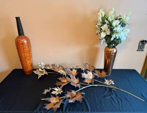 lot 117 image: Decorative Floral Arrangement with Metal Leaves and Two Vases