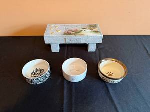 lot 121 image: Pet Feeding Set with Decorative Stand and Three Bowls
